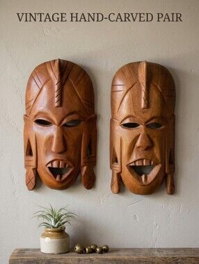 🌙Stunning Wall Art 2 Wooden Vintage Hand Carved Masks